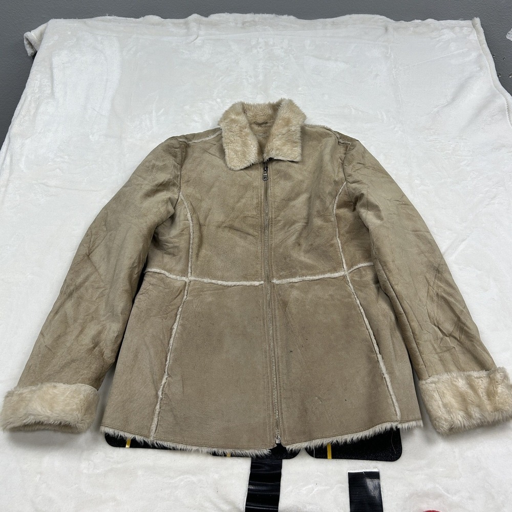 Guess Leather Jacket Women Large Tan Faux Fur Lined Shearling Style Zip Up